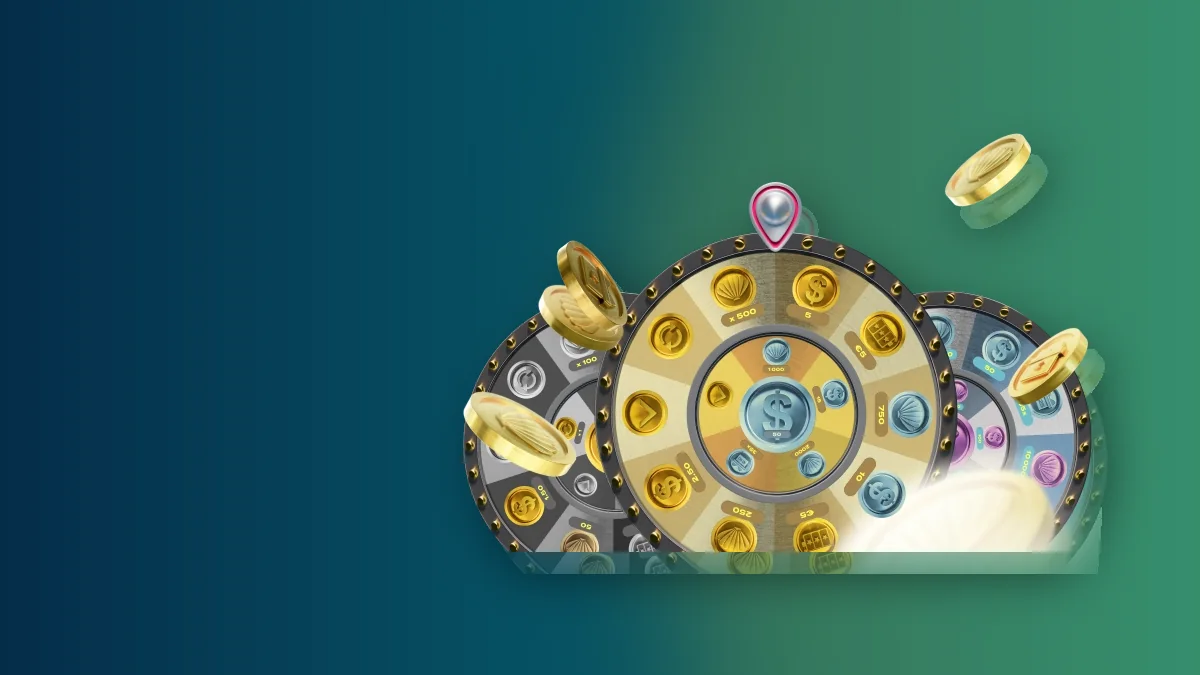 Decorative casino artwork of prize wheels and coins